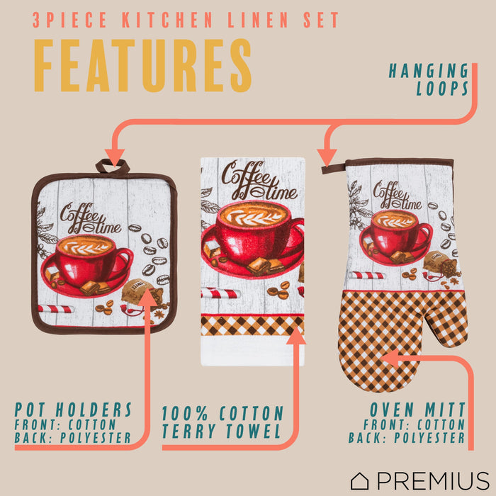 PREMIUS 3 Piece Printed Kitchen Linen Set, 1 Cotton Towel, 1 Pot Holder, 1 Oven Mitt