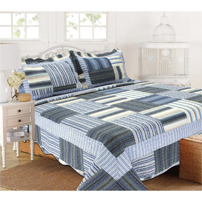 PREMIUS Reversible Quilt Set, Striped Patchwork, Blue