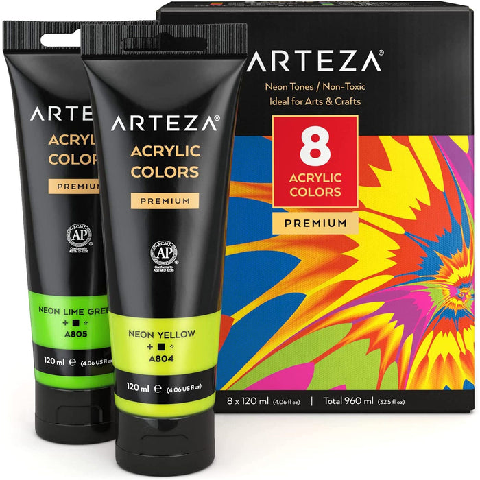 ARTEZA Neon Acrylic Paint High Viscosity Water-Based Paint, Glossy Finish, Set of 8, 4.06 Ounce Tubes