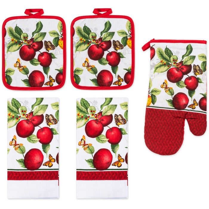 PREMIUS 5 Piece Printed Kitchen Linen Set, 2 Cotton Towels, 2 Pot Holders, 1 Oven Mitt