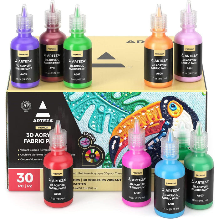 ARTEZA Premium 3D Acrylic Fabric Paint, Vibrant Colors, 30 Count