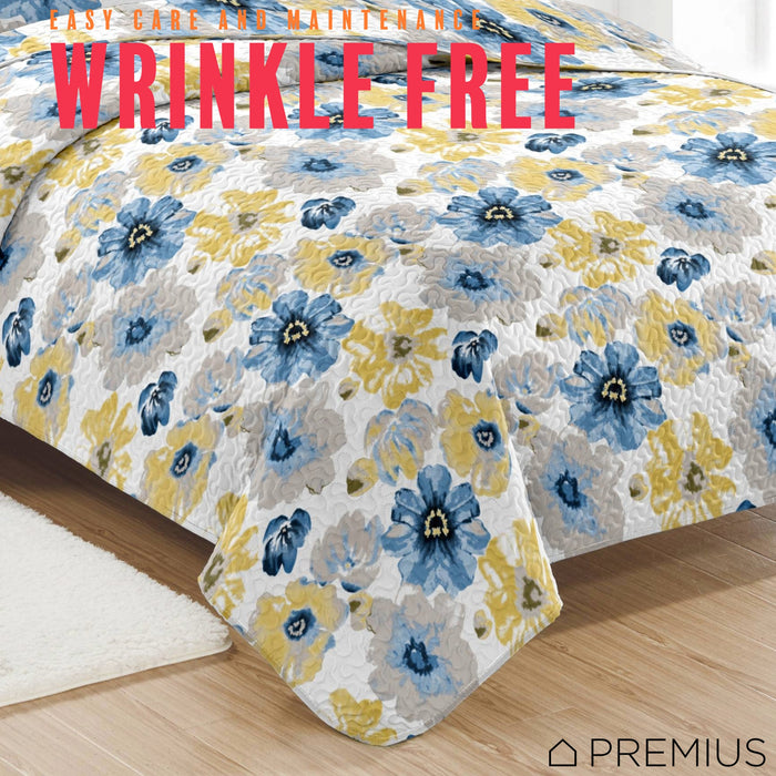 PREMIUS Eliana 3 Piece Microfiber Wrinkle-Free Quilt Set, Blue-Yellow