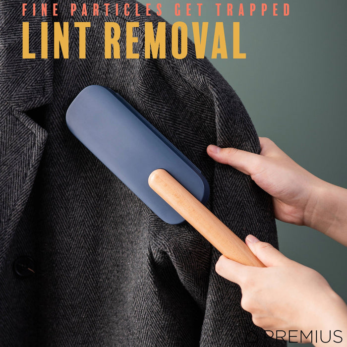 PREMIUS Fabric Lint Remover with Storage Case and Wood Handle, Blue-Yellow