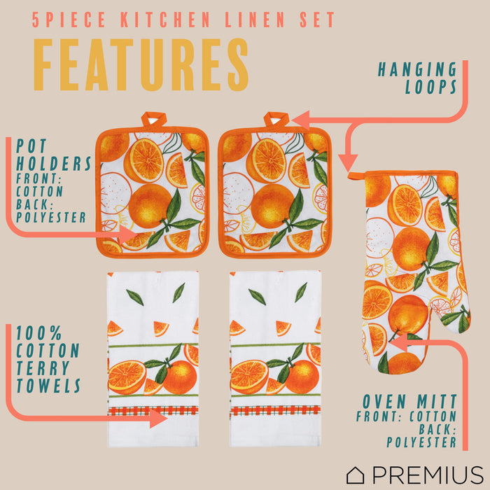 PREMIUS 5 Piece Printed Kitchen Linen Set, 2 Cotton Towels, 2 Pot Holders, 1 Oven Mitt