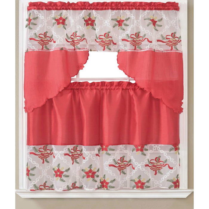 Vanya Christmas Bell and Poinsettia Floral Kitchen Curtain Set, Red, Swag Valance 60x36, Tiers 30x36 Inches