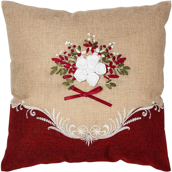 Artistic Embroidered Decorative Burlap Cushion Cover, Burgundy-Tan, 17x17 Inches