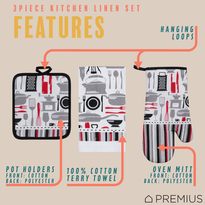 PREMIUS 3 Piece Printed Kitchen Linen Set, 1 Cotton Towel, 1 Pot Holder, 1 Oven Mitt