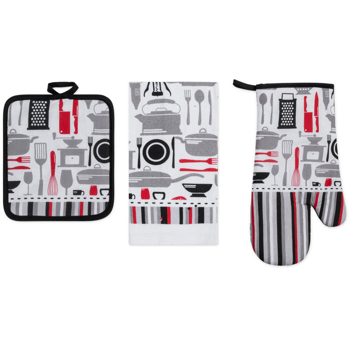 PREMIUS 3 Piece Printed Kitchen Linen Set, 1 Cotton Towel, 1 Pot Holder, 1 Oven Mitt