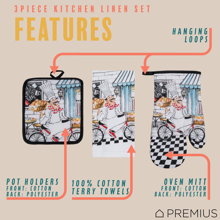 PREMIUS 3 Piece Printed Kitchen Linen Set, 1 Cotton Towel, 1 Pot Holder, 1 Oven Mitt