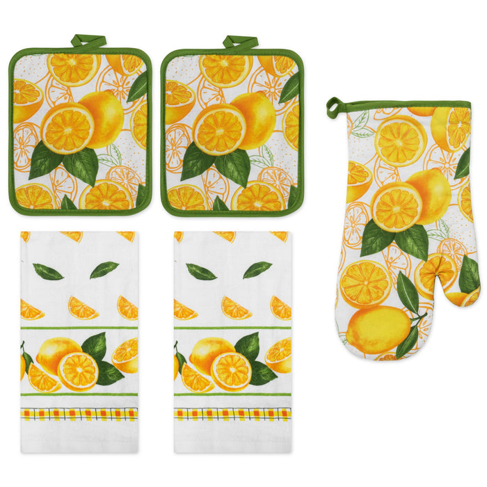 PREMIUS 5 Piece Printed Kitchen Linen Set, 2 Cotton Towels, 2 Pot Holders, 1 Oven Mitt