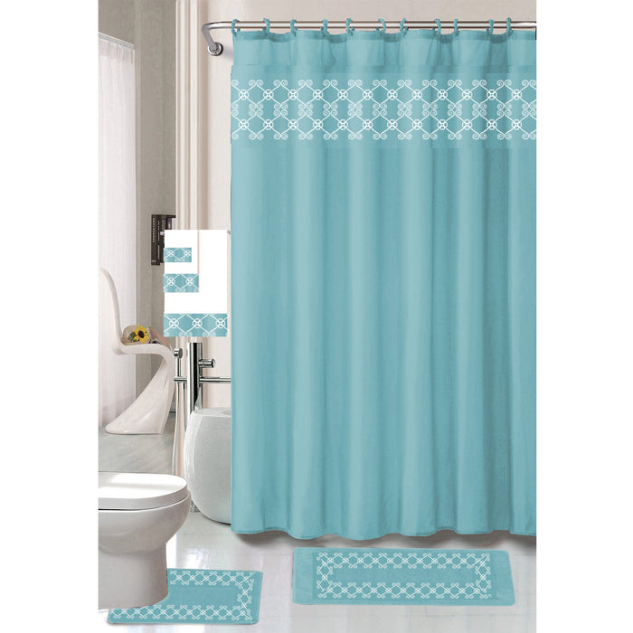 Tristan 18 Piece Shower Curtain with Embroidered Non-Slip Bath Rug and Towel Set