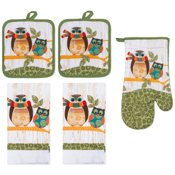 PREMIUS 5 Piece Printed Kitchen Linen Set, 2 Cotton Towels, 2 Pot Holders, 1 Oven Mitt