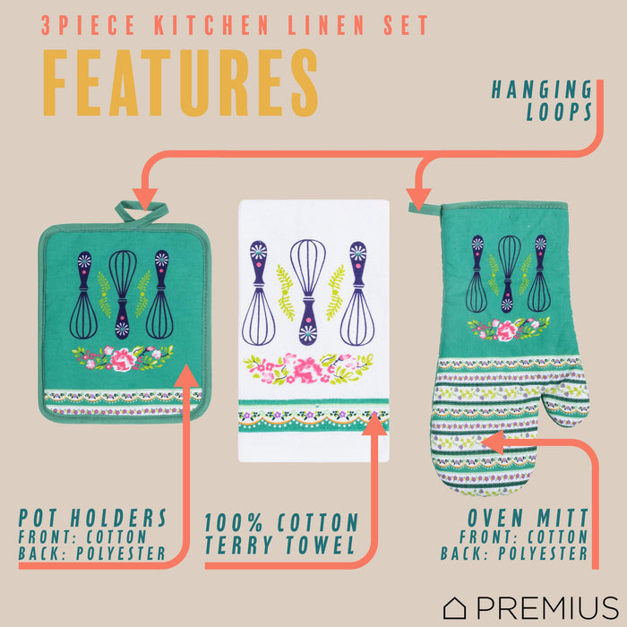 PREMIUS 3 Piece Printed Kitchen Linen Set, 1 Cotton Towel, 1 Pot Holder, 1 Oven Mitt