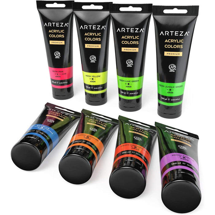 ARTEZA Neon Acrylic Paint High Viscosity Water-Based Paint, Glossy Finish, Set of 8, 4.06 Ounce Tubes