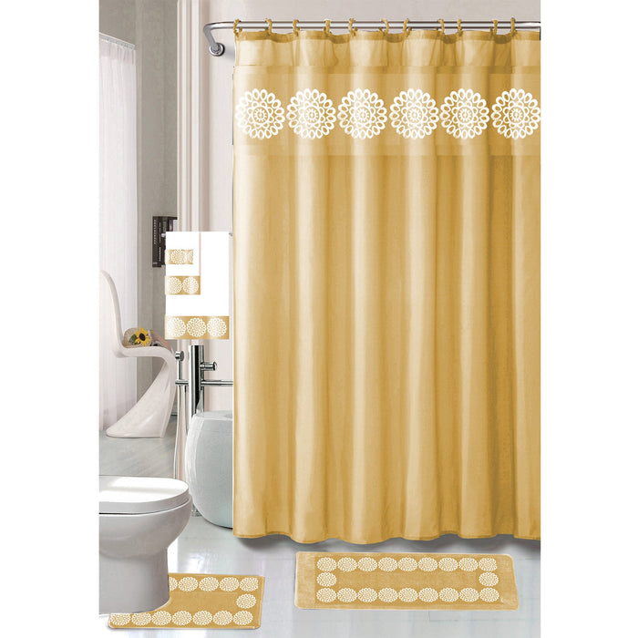 Cynthia 18 Piece Shower Curtain with Embroidered Non-Slip Bath Rug and Towel Set