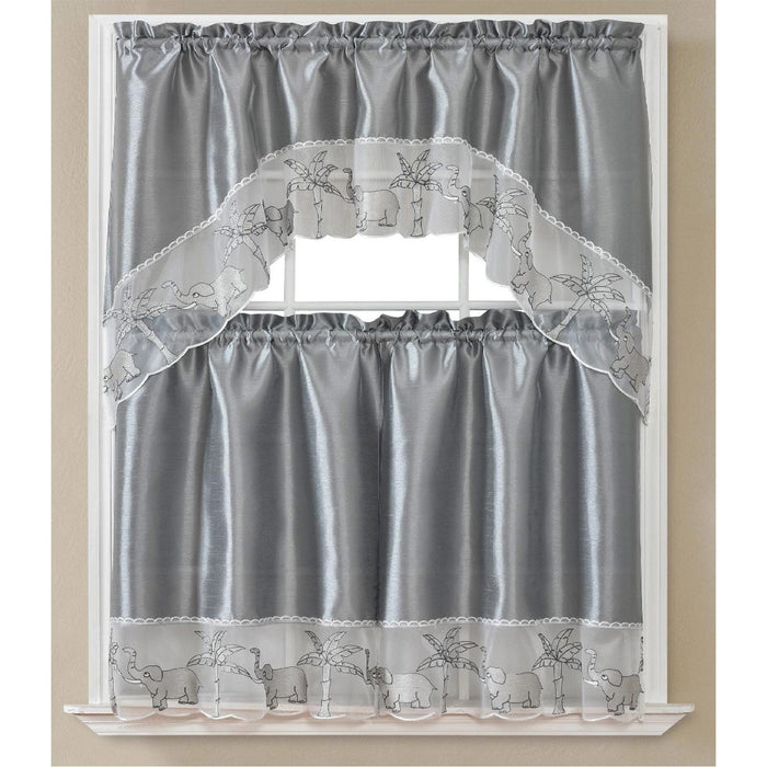 Elephant Embroidered Kitchen Curtain Set, Swag 60x36, 30x36 Inches