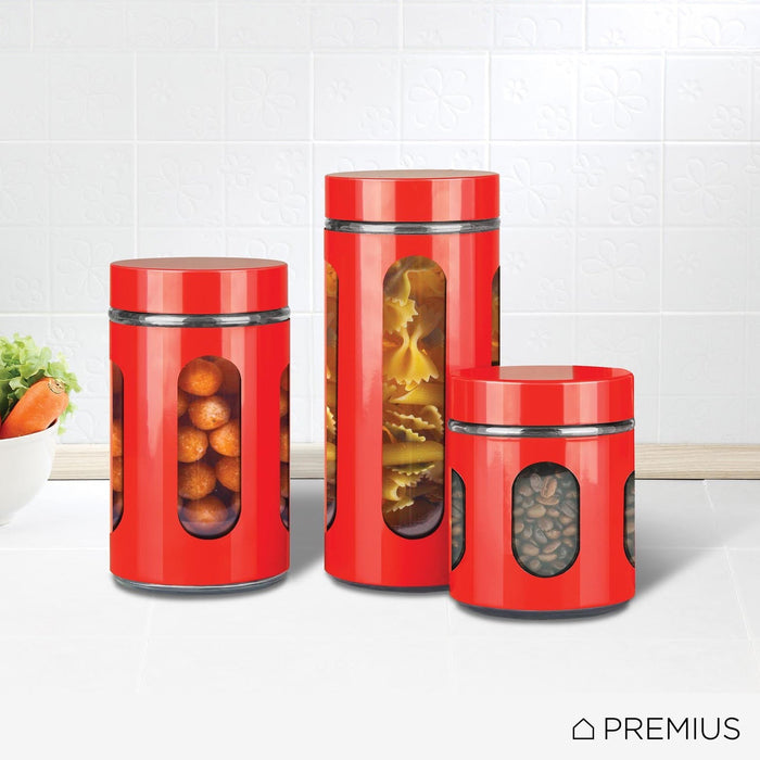 Premius Airtight 3-Piece Kitchen Glass Canister Set, Red