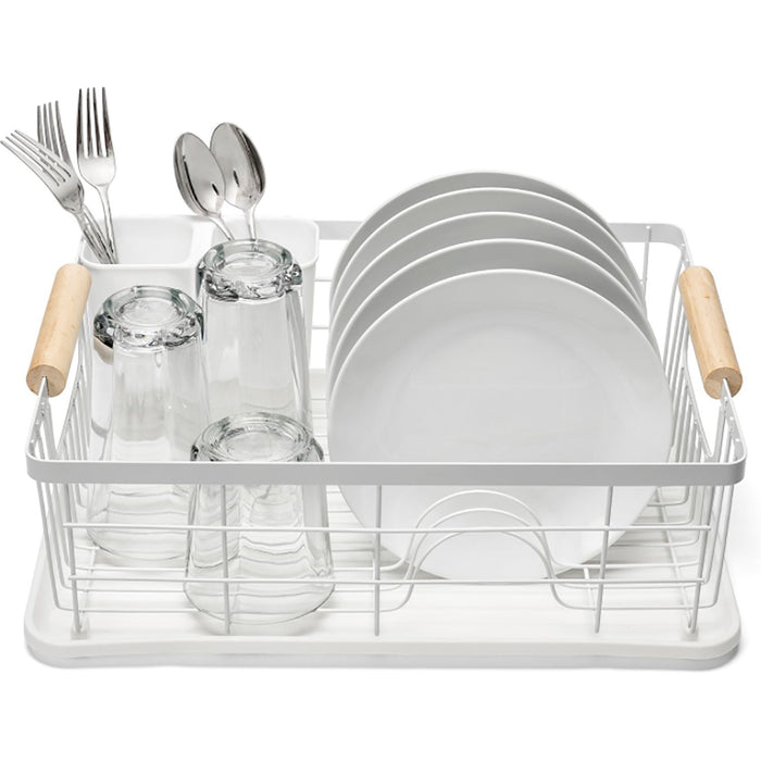 Premius 3 Piece Dish Rack With Bamboo Handles, White, 16.9x12.6x4.3 Inches