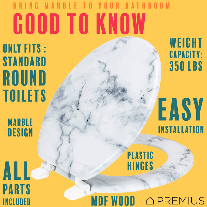 PREMIUS Wood Toilet Seat, White Marble, Standard Round, 17 Inches