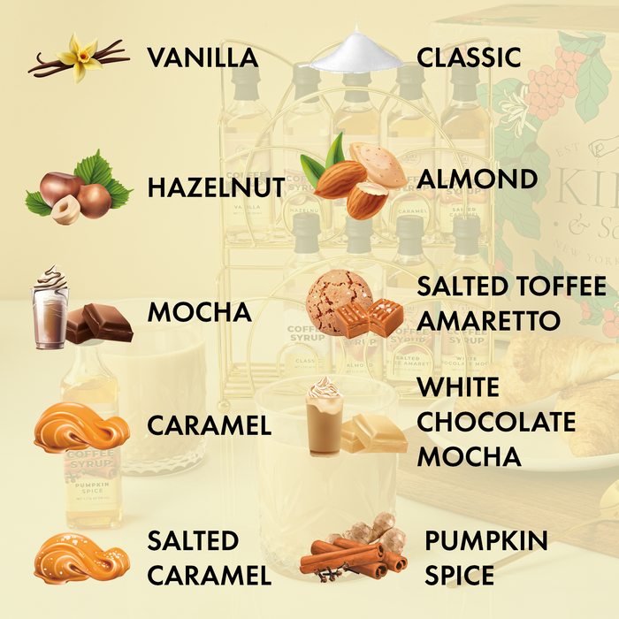 Gourmet Coffee Syrup Rack Gift Set, Includes Display Rack - Flavored Coffees Sweetener, 10 50mL Coffee Syrups, Includes Classic Mocha Vanilla Salted Caramel Flavoring Chai Latte, Protein Shake Flavors