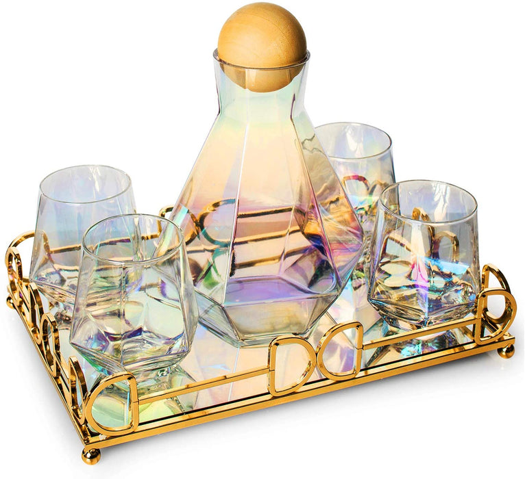 Diamond Iridescent Glass Diamond Decanter and Glasses Set, The Wine Savant Rainbow Iridescent Comes With A Diamond Decanter 4 Whiskey/Wine Diamond Glasses, 1 Tray and a Perfect Box