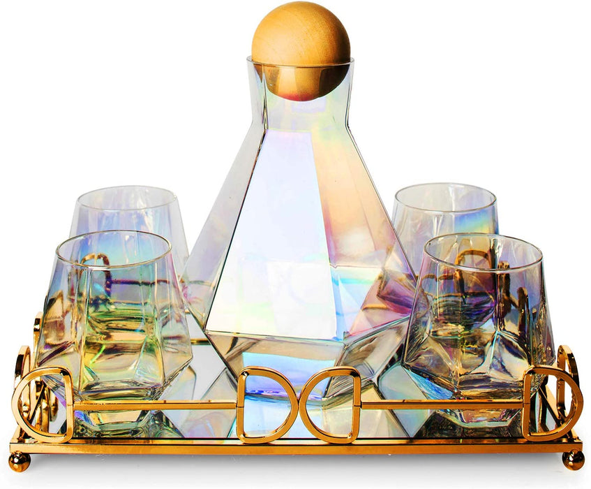 Diamond Iridescent Glass Diamond Decanter and Glasses Set, The Wine Savant Rainbow Iridescent Comes With A Diamond Decanter 4 Whiskey/Wine Diamond Glasses, 1 Tray and a Perfect Box
