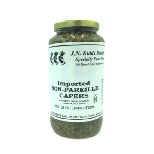 32 oz jar of JN Kidds Brand Non Pareil Capers, premium gourmet quality for enhancing Mediterranean dishes