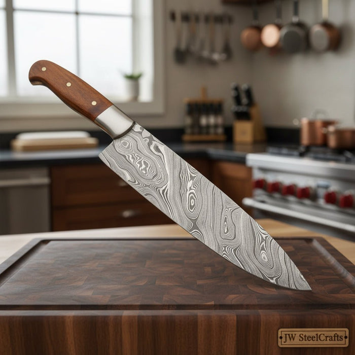 14-Inch Handmade Damascus Chef Knife – Brown Handle & Brass Bolster | Layered Damascus Blade | Hand-Stitched Leather Sheath Included