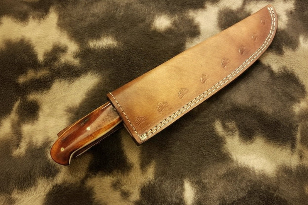 14-Inch Handmade Damascus Chef Knife – Brown Handle & Brass Bolster | Layered Damascus Blade | Hand-Stitched Leather Sheath Included