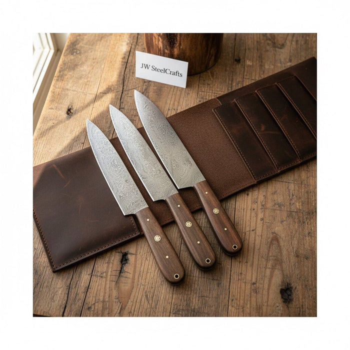 3-Piece Damascus Kitchen Knife Set — Bread, Chef & Paring Knives with Rosewood Handles