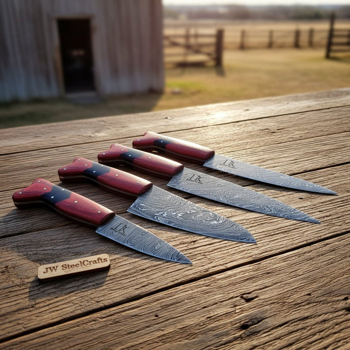 Handmade Red Wood Handle Damascus Kitchen Knife Set - 4 Piece Carving Chef Utility