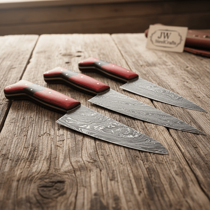 Handmade Red Wood Handle Damascus Kitchen Knife Set - 4 Piece Carving Chef Utility