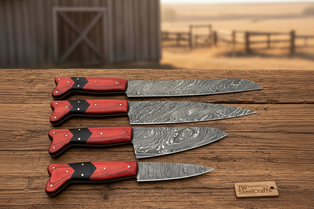 Handmade Red Wood Handle Damascus Kitchen Knife Set - 4 Piece Carving Chef Utility