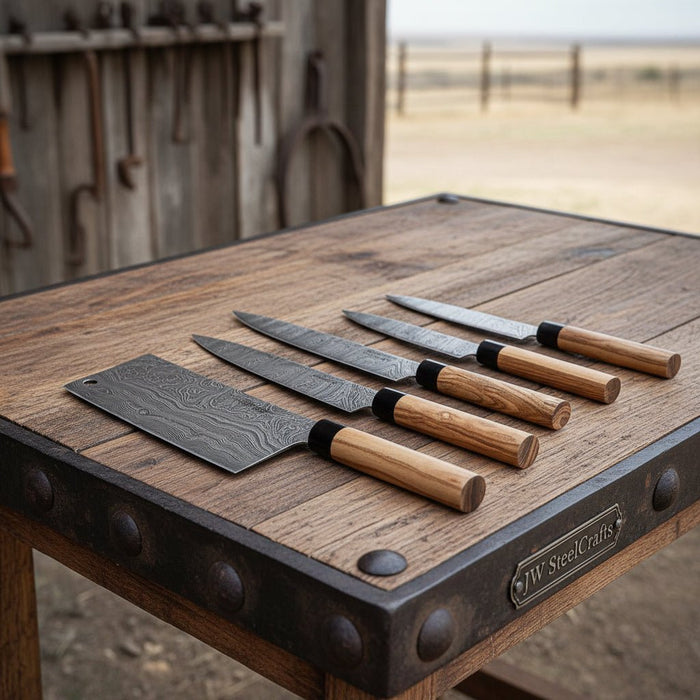 Handmade Damascus Steel Kitchen Knife Set with Olive Wood Handles - 4 Piece Set