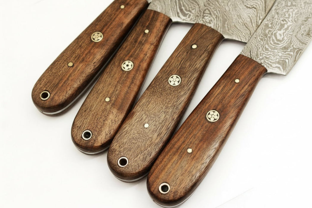 Handmade Damascus Steel Knife Set with Leather Roll, Rosewood Handle Kitchen Collection