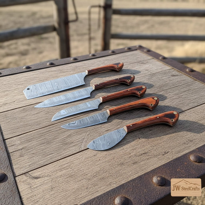 JW SteelCrafts 5 Piece Damascus Kitchen Knife Set Chef Santoku Cleaver Utility and Paring Knives Pakka Wood Handle Professional Cooking Knife Collection