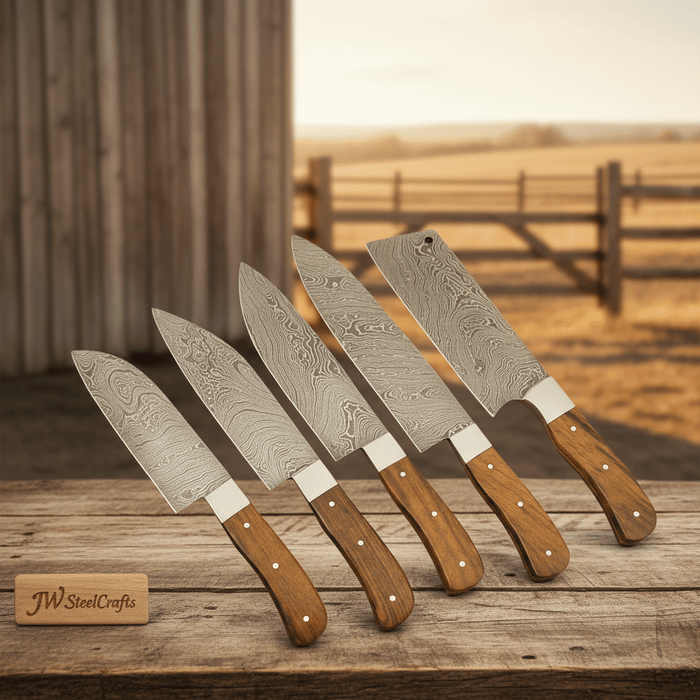 5 Piece Damascus Kitchen Knife Set - Walnut Wood Handle Professional Cooking Knife Set