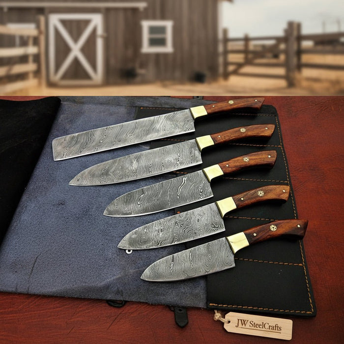JW SteelCrafts 5 Piece Damascus Kitchen Knife Set Chef Santoku Utility and Paring Knives Pakka Wood Handle with Leather Knife Roll Professional Cooking Set