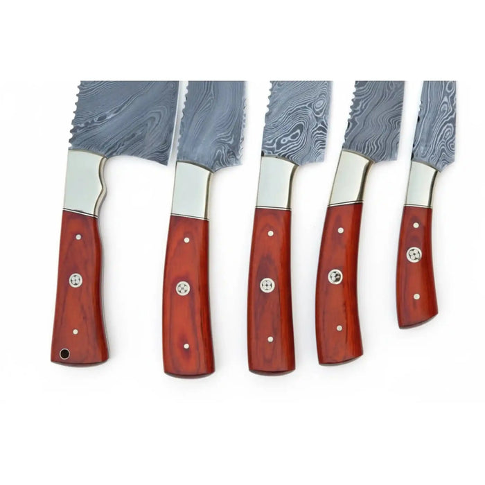 5-Piece Damascus Kitchen Knife Set — Butcher, Bread, Chef, Utility & Paring with Reddish Hardwood Handles