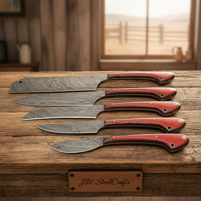 5-Piece Damascus Kitchen Set Cleaver, Gyuto, Bunka, Santoku, Paring Red Pakka Wood