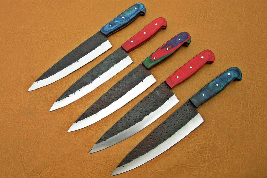 5-Piece Kurouchi Carbon Steel Kitchen Knife Set — Gyuto, Santoku, Utility, Petty & Paring with Multicolor Pakka Wood Handles | JW Steel Crafts