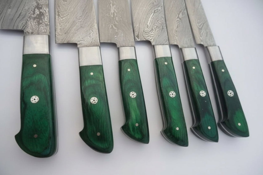 6-Piece Damascus Kitchen Knife Set with Green Wood Handle - Professional Cooking Collection