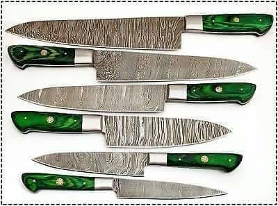 6-Piece Damascus Kitchen Knife Set with Green Wood Handle - Professional Cooking Collection