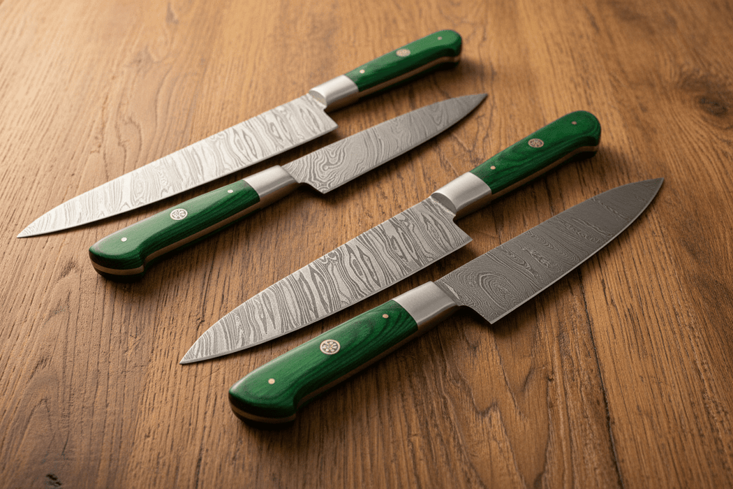 6-Piece Damascus Kitchen Knife Set with Green Wood Handle - Professional Cooking Collection