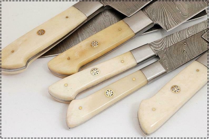 6-Piece Damascus Kitchen Knife Set – Gyuto, Santoku, Nakiri, Boning, Utility & Paring | Natural Bone Handle | Leather Roll