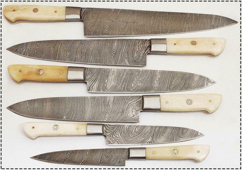 6-Piece Damascus Kitchen Knife Set – Gyuto, Santoku, Nakiri, Boning, Utility & Paring | Natural Bone Handle | Leather Roll