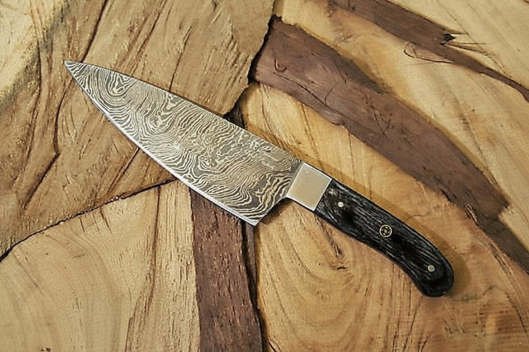 7" Gyuto Chef Knife — Twisted Pattern Damascus Steel with Black Pakka Wood Handle | JW SteelCrafts