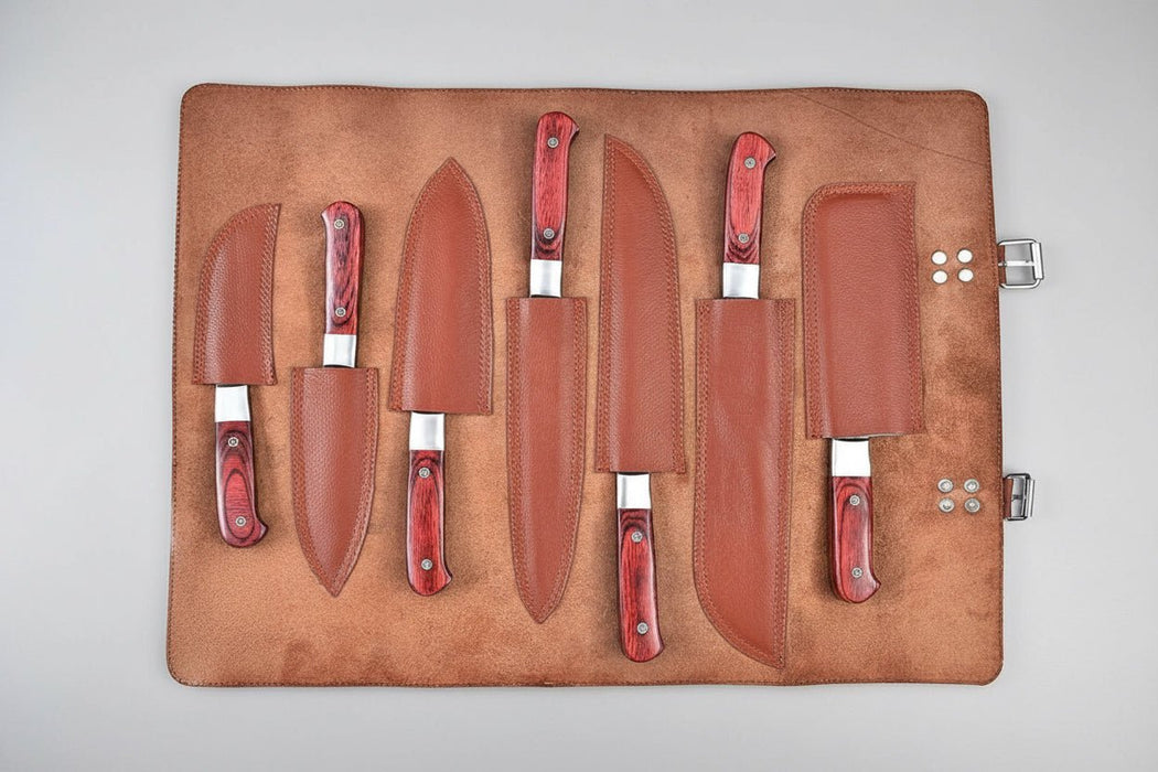 JW SteelCrafts 7 Piece Damascus Kitchen Knife Set, Paring Utility Santoku Chef Carving Bread Knife and Vegetable Cleaver, Handmade Damascus Steel Knife Set Red Wood Handle