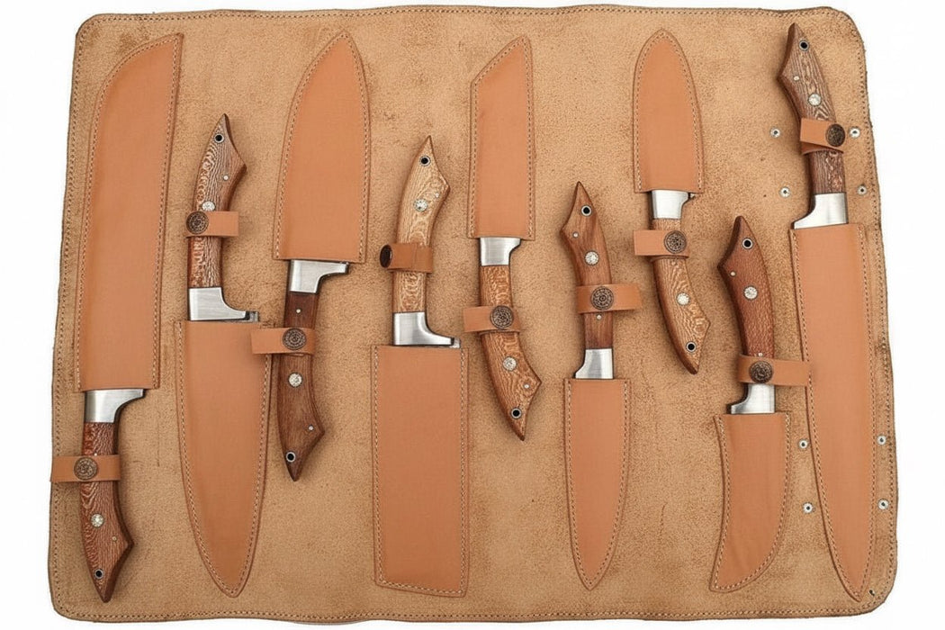 9-Piece Handmade Damascus Kitchen Knife Set with Japanese Blade Profiles and Walnut Wood Handles