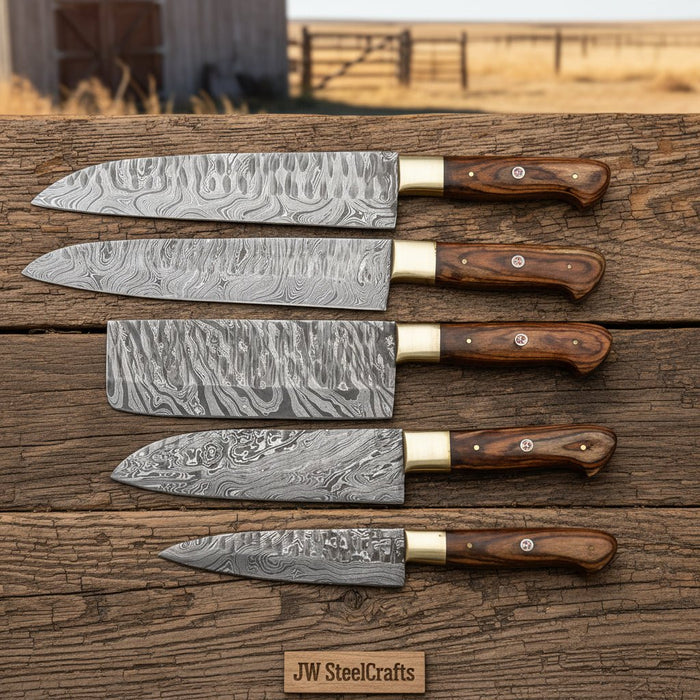 5-piece twisted Damascus cleaver, Nakiri, and chef knife set – pakka wood handle with brass bolster
